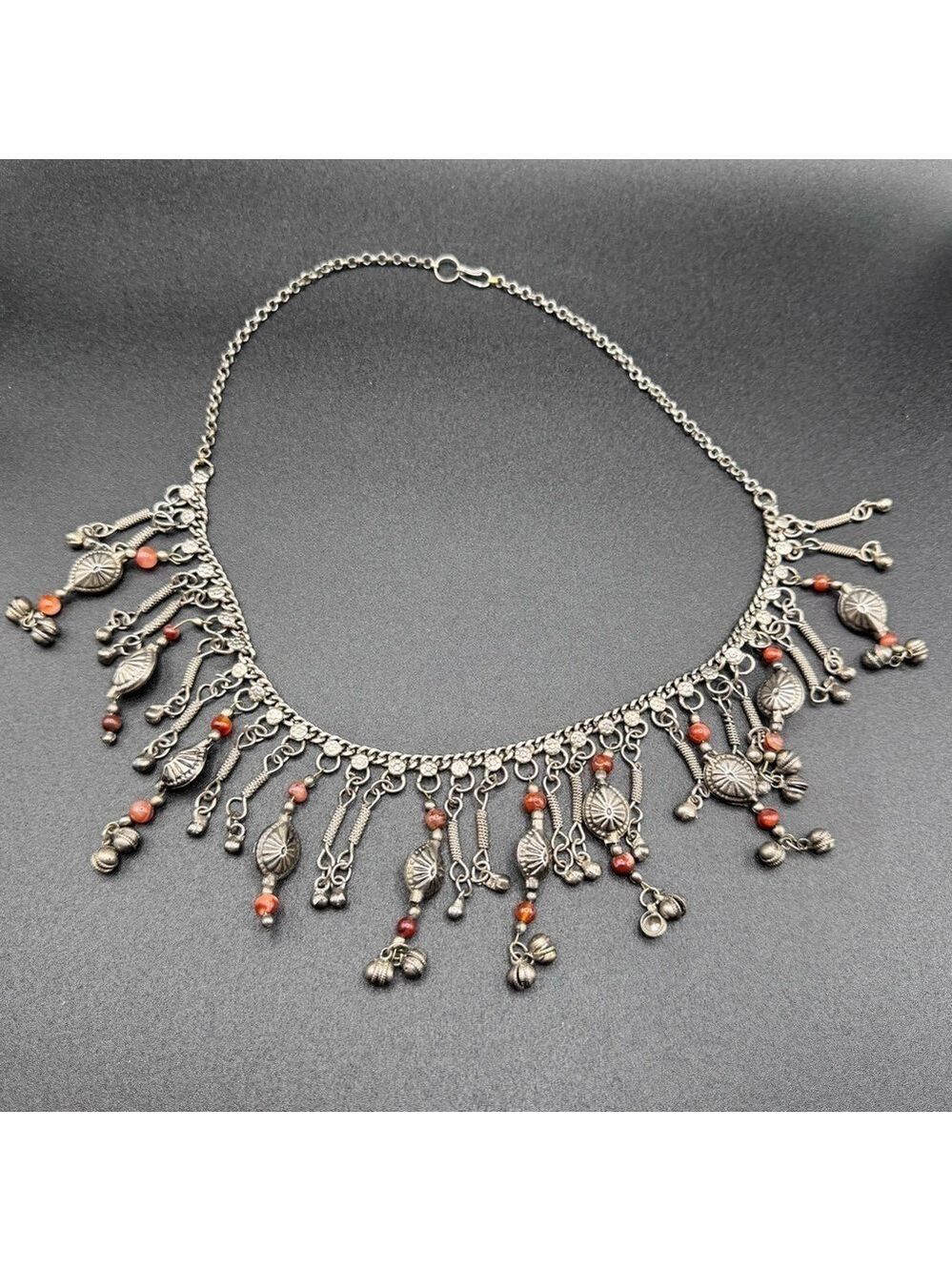 Bohemian Bell Necklace Indian Silver Tone Red Accent Beads 2010 Festival Style
